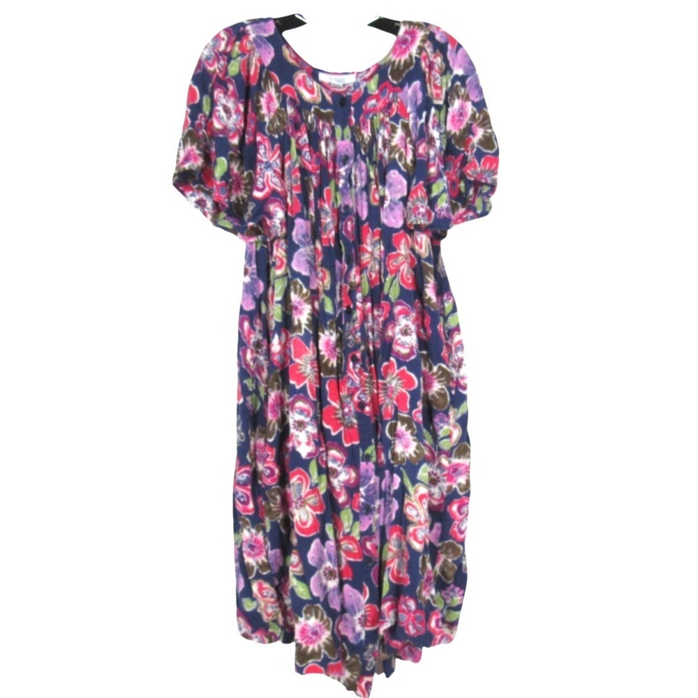 GO SOFTLY PATIO Blue/Multi FLORAL Crinkle BUTTON-UP Lounge MUUMUU/ HOUSE DRESS S
